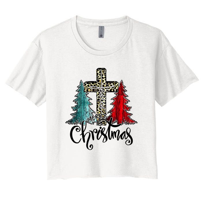 Christian Funny Merry Christmas Tree Jesus Cross Cheetah Women's Crop Top Tee