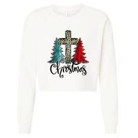 Christian Funny Merry Christmas Tree Jesus Cross Cheetah Cropped Pullover Crew