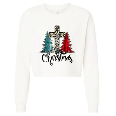 Christian Funny Merry Christmas Tree Jesus Cross Cheetah Cropped Pullover Crew