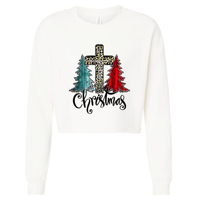 Christian Funny Merry Christmas Tree Jesus Cross Cheetah Cropped Pullover Crew