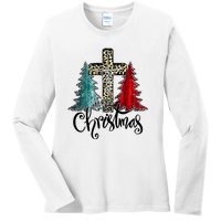 Christian Funny Merry Christmas Tree Jesus Cross Cheetah Ladies Long Sleeve Shirt