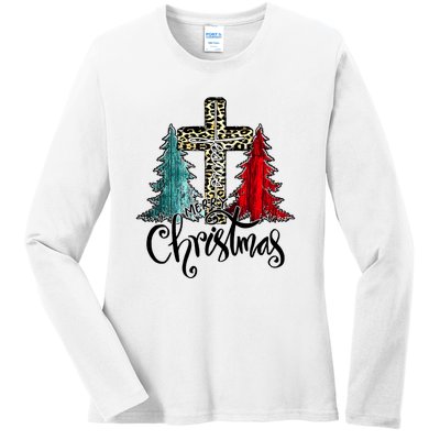 Christian Funny Merry Christmas Tree Jesus Cross Cheetah Ladies Long Sleeve Shirt