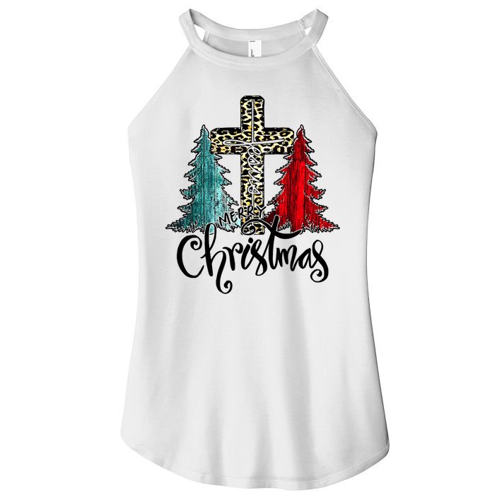 Christian Funny Merry Christmas Tree Jesus Cross Cheetah Women's Perfect Tri Rocker Tank