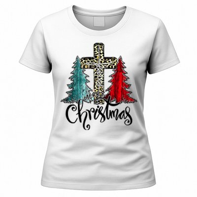 Christian Funny Merry Christmas Tree Jesus Cross Cheetah Women's T-Shirt