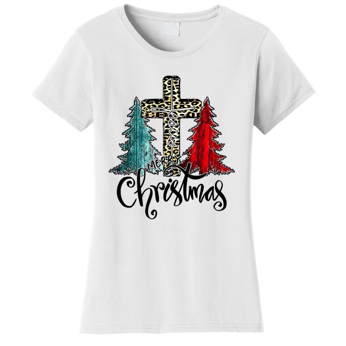 Christian Funny Merry Christmas Tree Jesus Cross Cheetah Women's T-Shirt