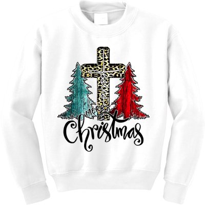 Christian Funny Merry Christmas Tree Jesus Cross Cheetah Kids Sweatshirt