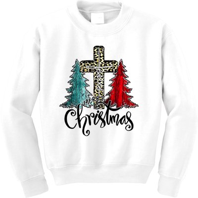 Christian Funny Merry Christmas Tree Jesus Cross Cheetah Kids Sweatshirt