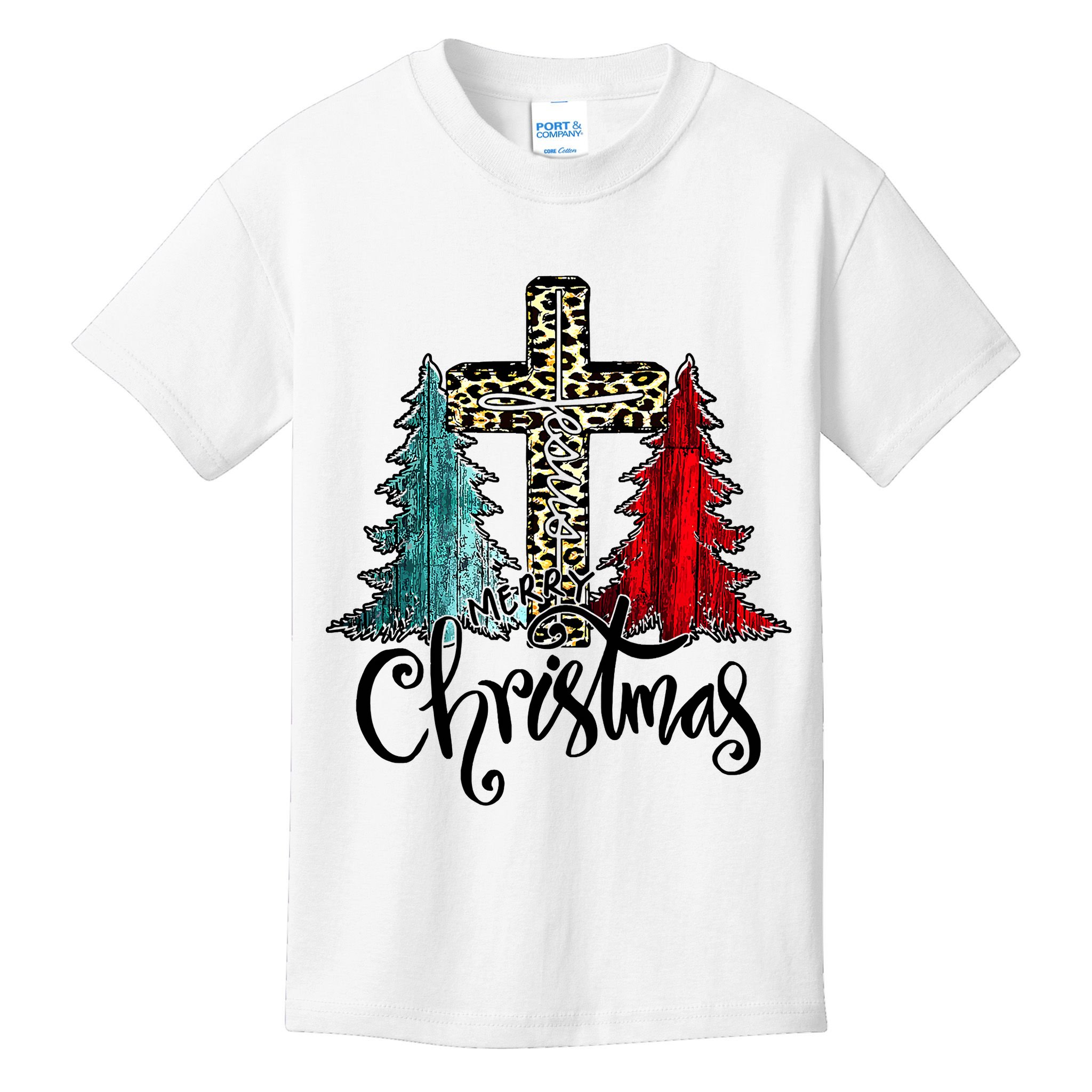 Christian Funny Merry Christmas Tree Jesus Cross Cheetah Kids T-Shirt