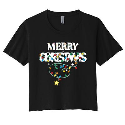 Cute Family Merry Xmas Friends Merry Christmas Lights Party Tank Top Women's Crop Top Tee