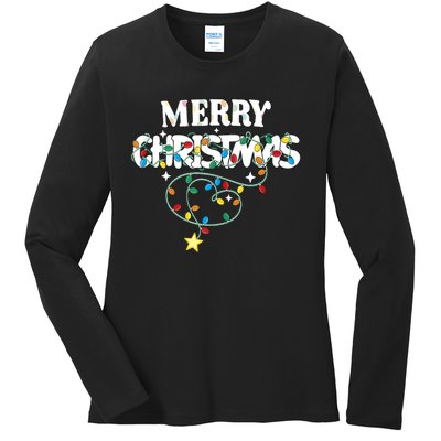 Cute Family Merry Xmas Friends Merry Christmas Lights Party Tank Top Ladies Long Sleeve Shirt