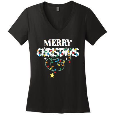 Cute Family Merry Xmas Friends Merry Christmas Lights Party Tank Top Women's V-Neck T-Shirt