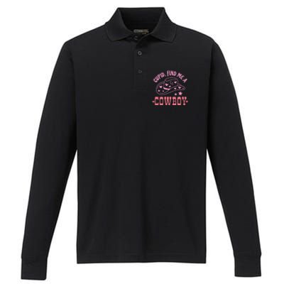 Cupid Find Me A Cowboy Western Style Funny ValentineS Day Performance Long Sleeve Polo