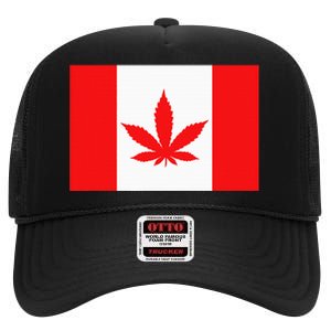 Canada Flag Marijuana Leaf Red Cannabis Canadian High Crown Mesh Back Trucker Hat