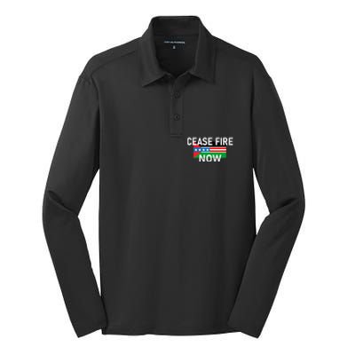 Cease Fire Now Cool Palestine Us Flags Of Solidarity Silk Touch Performance Long Sleeve Polo