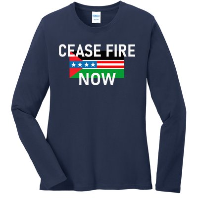 Cease Fire Now Cool Palestine Us Flags Of Solidarity Ladies Long Sleeve Shirt