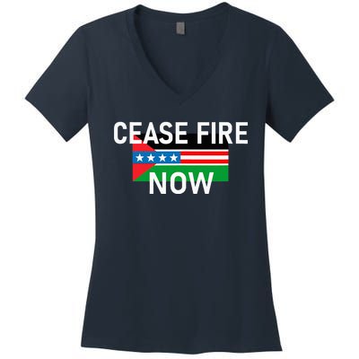 Cease Fire Now Cool Palestine Us Flags Of Solidarity Women's V-Neck T-Shirt