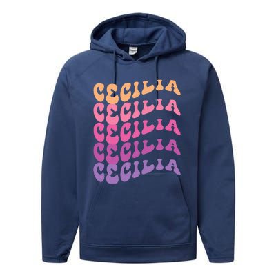 Cecilia First Name I Love Cecilia Girl Boy Groovy Vintage Performance Fleece Hoodie