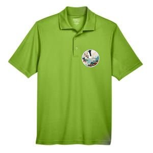 Crane Flying Over A Japanese Fishing Village (V2) Men's Origin Performance Pique Polo