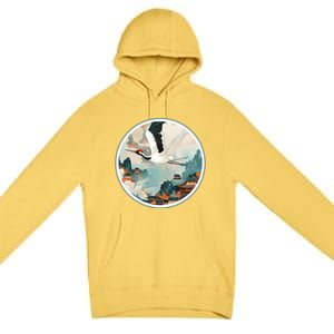 Crane Flying Over A Japanese Fishing Village (V2) Premium Pullover Hoodie