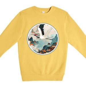 Crane Flying Over A Japanese Fishing Village (V2) Premium Crewneck Sweatshirt