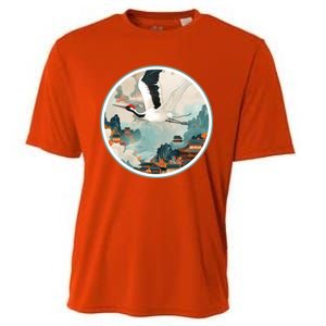 Crane Flying Over A Japanese Fishing Village (V2) Cooling Performance Crew T-Shirt