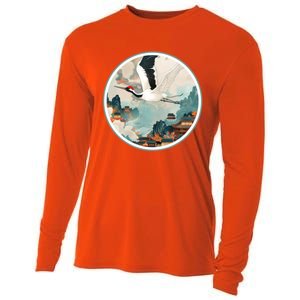 Crane Flying Over A Japanese Fishing Village (V2) Cooling Performance Long Sleeve Crew