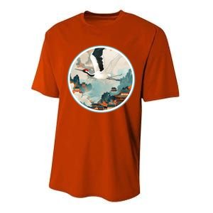 Crane Flying Over A Japanese Fishing Village (V2) Performance Sprint T-Shirt