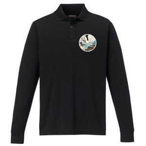 Crane Flying Over A Japanese Fishing Village (V2) Performance Long Sleeve Polo