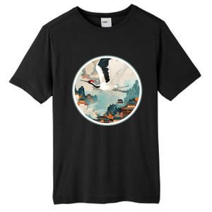 Crane Flying Over A Japanese Fishing Village (V2) Tall Fusion ChromaSoft Performance T-Shirt