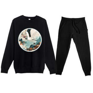 Crane Flying Over A Japanese Fishing Village (V2) Premium Crewneck Sweatsuit Set