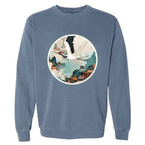 Crane Flying Over A Japanese Fishing Village (V2) Garment-Dyed Sweatshirt