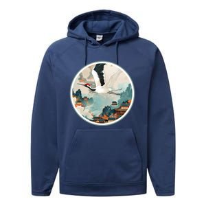 Crane Flying Over A Japanese Fishing Village (V2) Performance Fleece Hoodie