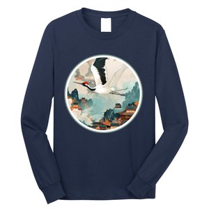 Crane Flying Over A Japanese Fishing Village (V2) Long Sleeve Shirt