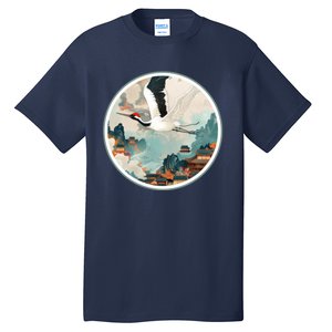 Crane Flying Over A Japanese Fishing Village (V2) Tall T-Shirt