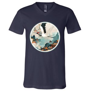 Crane Flying Over A Japanese Fishing Village (V2) V-Neck T-Shirt