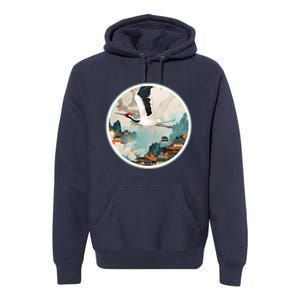 Crane Flying Over A Japanese Fishing Village (V2) Premium Hoodie