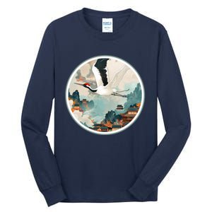 Crane Flying Over A Japanese Fishing Village (V2) Tall Long Sleeve T-Shirt