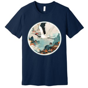 Crane Flying Over A Japanese Fishing Village (V2) Premium T-Shirt