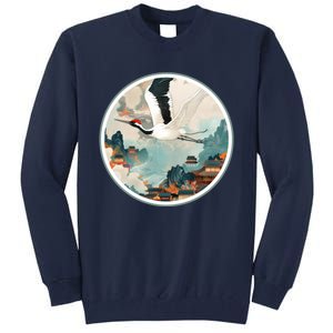 Crane Flying Over A Japanese Fishing Village (V2) Tall Sweatshirt