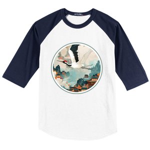 Crane Flying Over A Japanese Fishing Village (V2) Baseball Sleeve Shirt