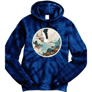 Crane Flying Over A Japanese Fishing Village (V2) Tie Dye Hoodie