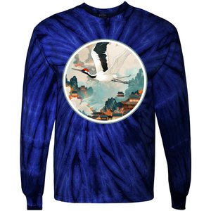 Crane Flying Over A Japanese Fishing Village (V2) Tie-Dye Long Sleeve Shirt