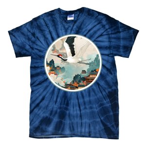 Crane Flying Over A Japanese Fishing Village (V2) Tie-Dye T-Shirt