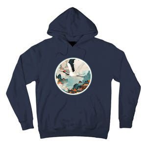 Crane Flying Over A Japanese Fishing Village (V2) Tall Hoodie