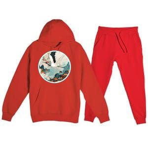 Crane Flying Over A Japanese Fishing Village (V2) Premium Hooded Sweatsuit Set