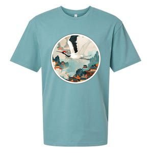 Crane Flying Over A Japanese Fishing Village (V2) Sueded Cloud Jersey T-Shirt