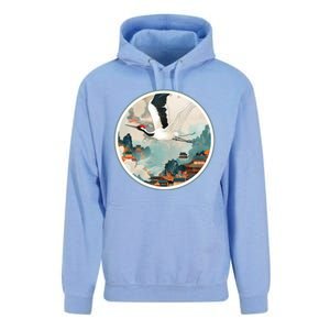 Crane Flying Over A Japanese Fishing Village (V2) Unisex Surf Hoodie