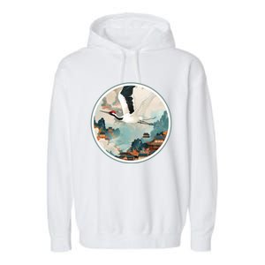 Crane Flying Over A Japanese Fishing Village (V2) Garment-Dyed Fleece Hoodie