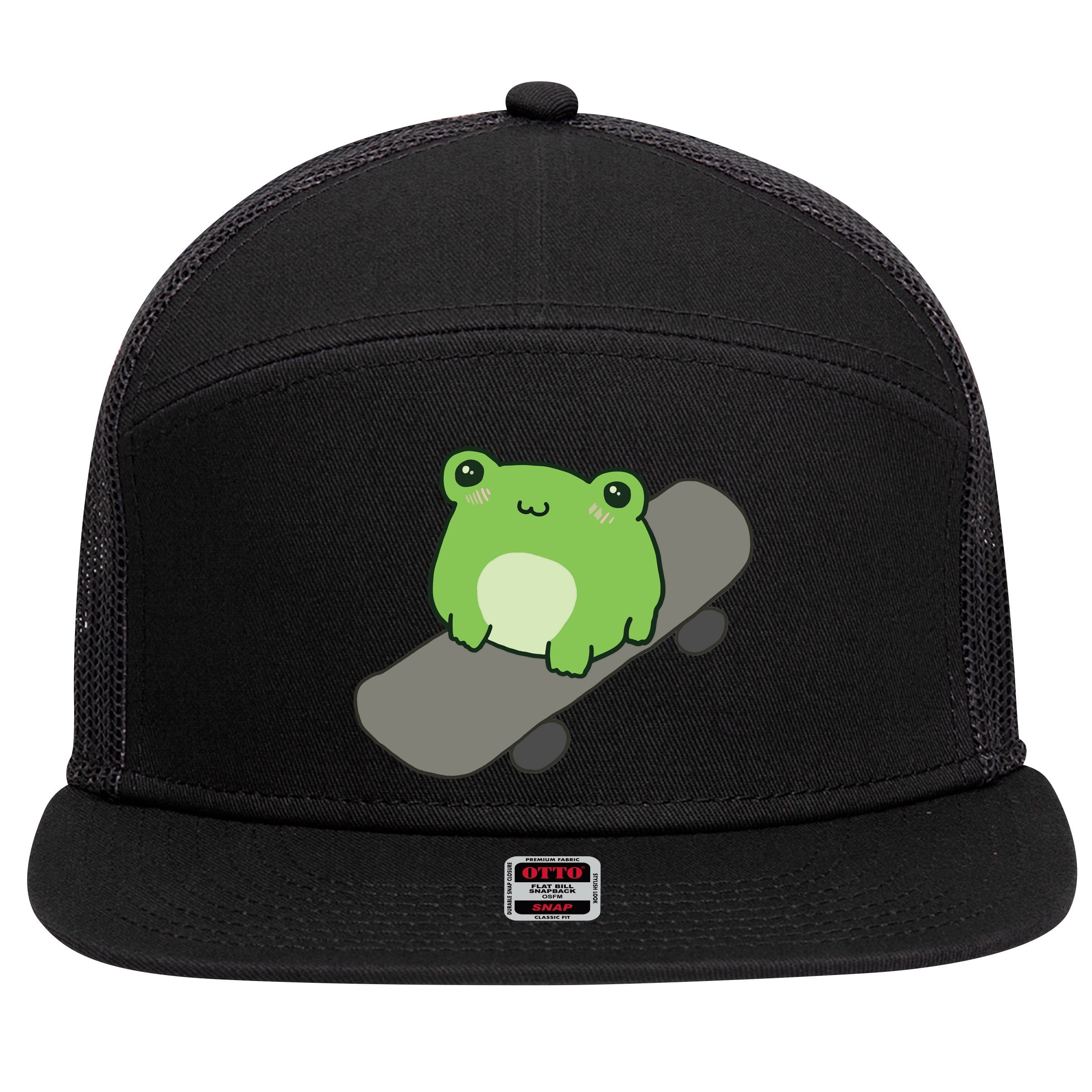 Cute Frog On Skateboard Kawaii Aesthetic Frog 7 Panel Mesh Trucker Snapback Hat