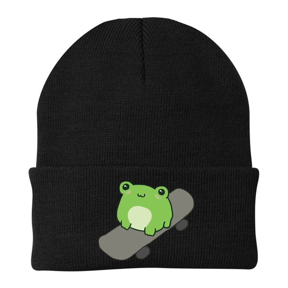 Cute Frog On Skateboard Kawaii Aesthetic Frog Beanie
